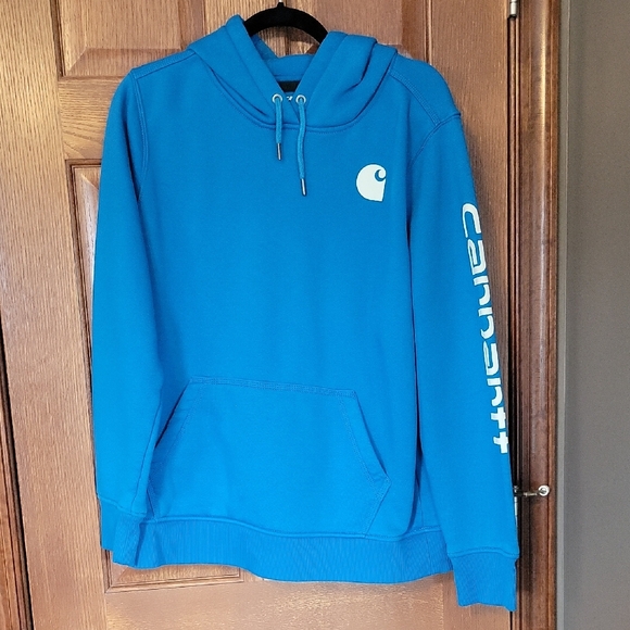 Carhartt Tops - Carhartt Blue Hoodie with White Logo and Sleeve Text